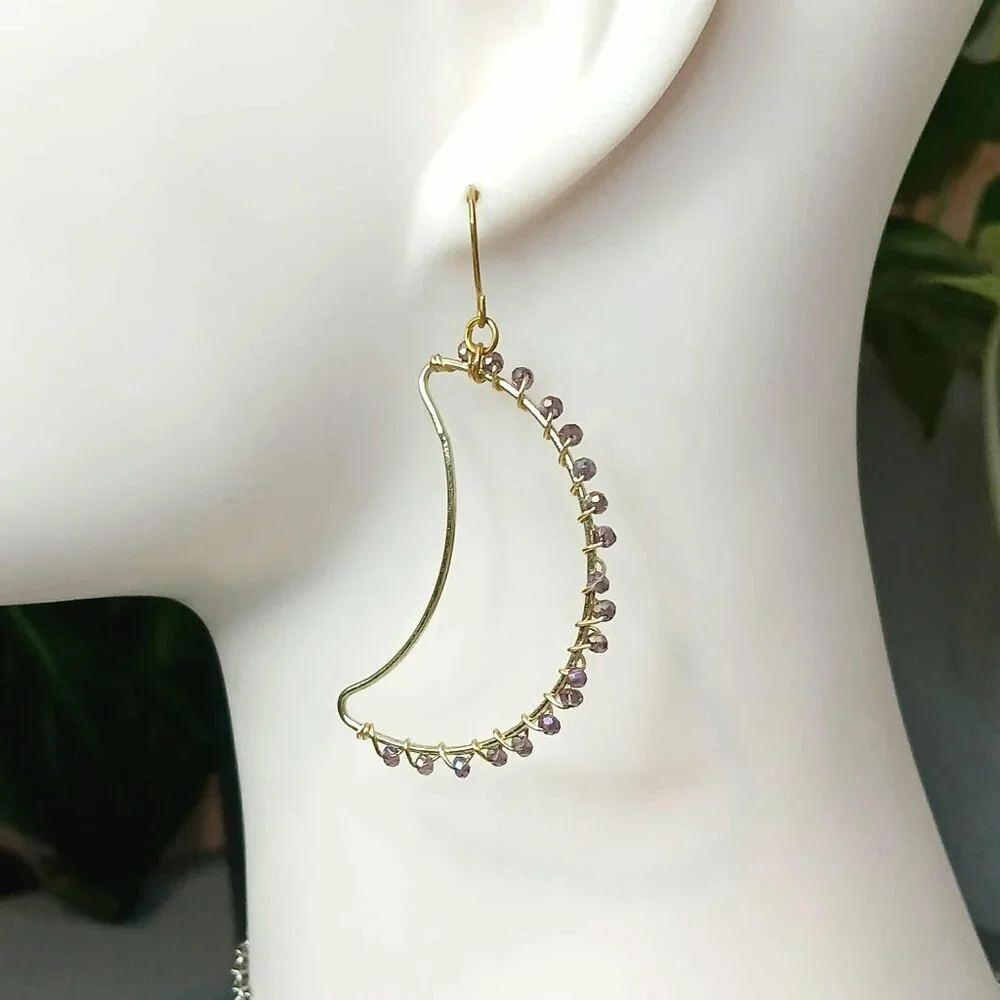 BOGO EARRINGS Gold Crescent Moon Beaded Dangle Earrings - 2.5" - Picture 2 of 11